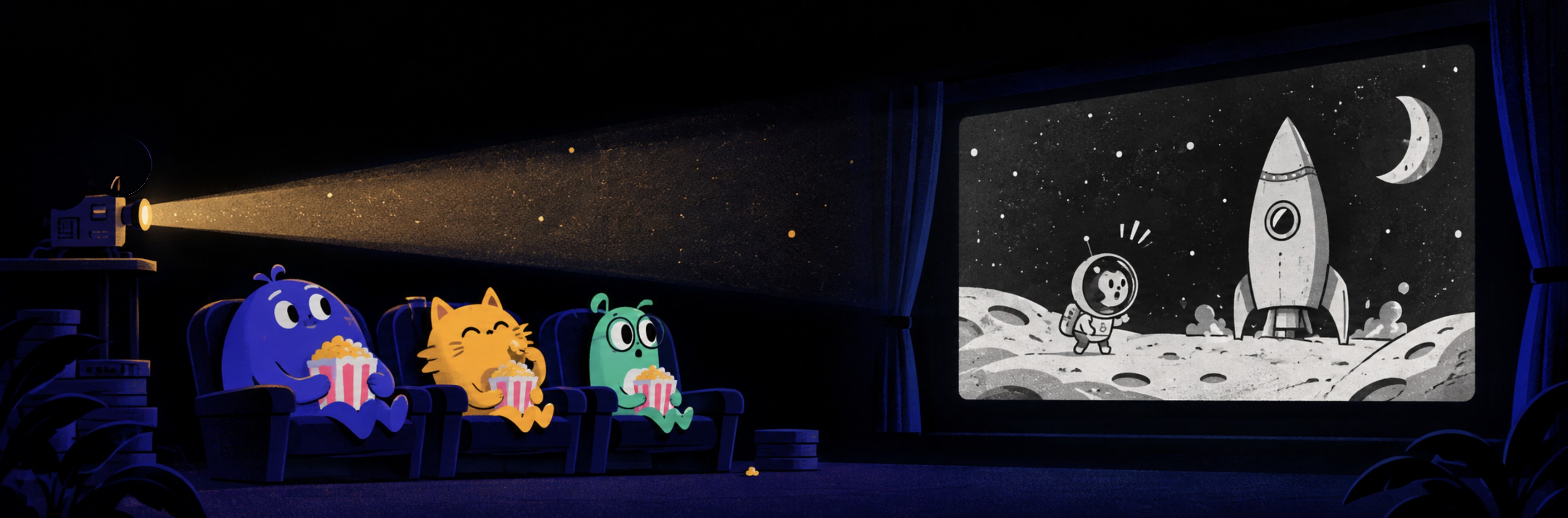 A blue creature, an orange cat, and a green creature eat popcorn in a tiny cinema while a projector shows a black-and-white cartoon.